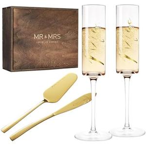 AW BRIDAL Engagement Bridal Shower Wedding Gifts for Couple Newlyweds, Anniversary Mr Mrs Champagne Flutes Toasting Glasses Set of 2, Wedding Gold Cake Cutting Set with Wooden Box for Bride Groom