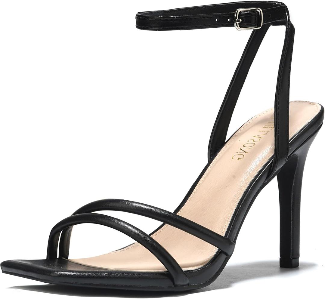 LULLASONG Women's Heels Strappy Ankle Strap High Heels 3.5 Inch Heeled Square Open Toe Sandals for Women (Black, 6.5)