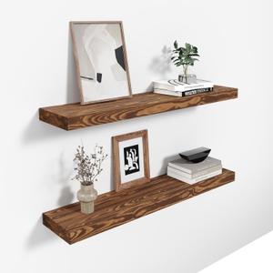 24'' Pine Wood Floating Shelves for Wall- Set of 2 - Rustic Wall Mounted Wooden Shelf for Stylish Home Dcor (Light Walnut, 24x6.5x1.25), 2pcs