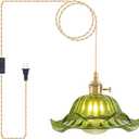 Plug in Pendant Light Vintage, Adjustable Pulley Hanging Lamp with Green Lily Glass Shade, Brass Hanging Lights with Plug in Cord, Gold Hanging Pendant Light for Bedroom Living Room Kitchen