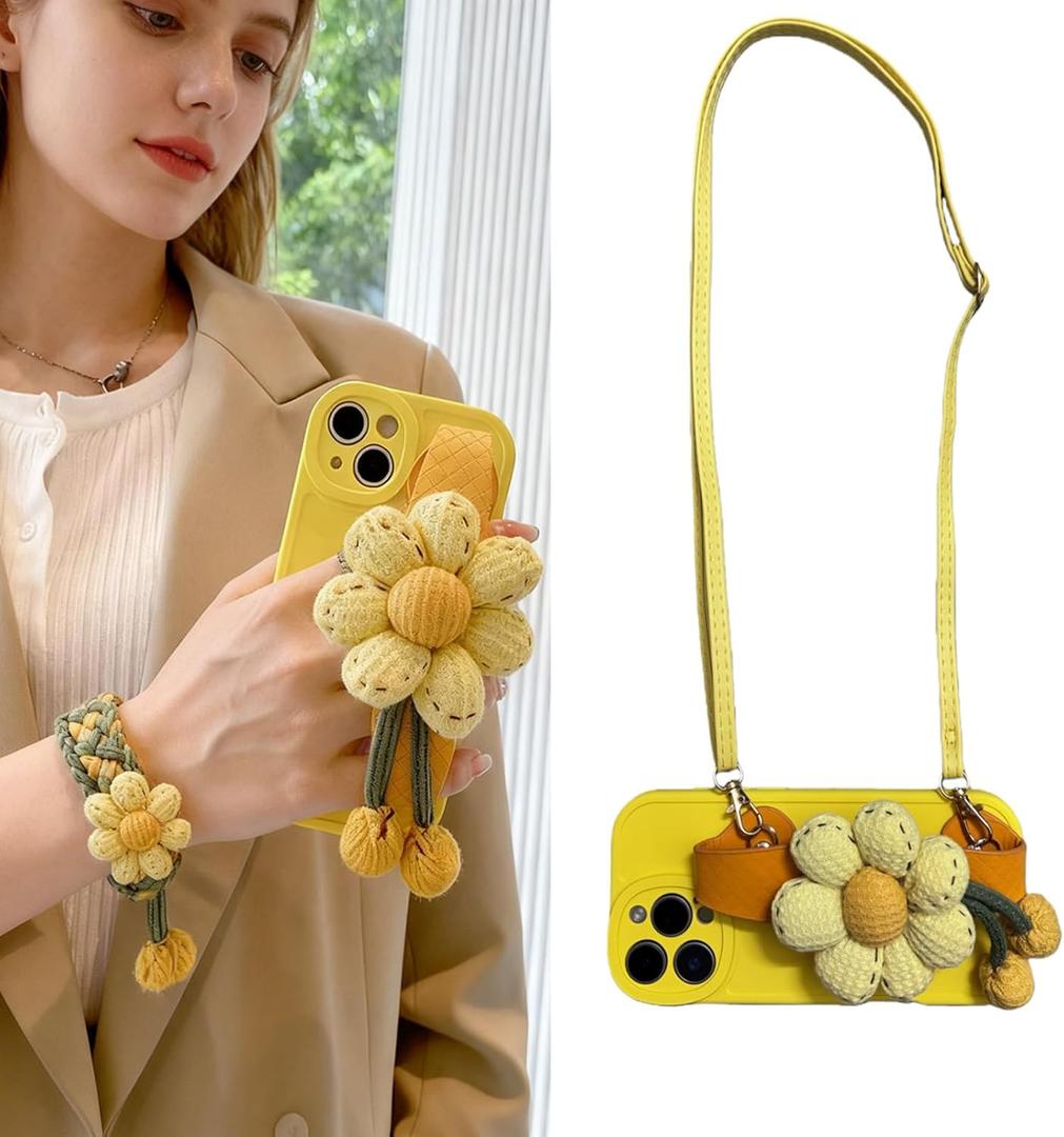 Case for iPhone 17 Pro with Cute 3D Pumpkin Flower Wrist Strap,Crossbody Phone Cover Adjustable Lanyard for Girls Women Shockproof Drop Protection Silicone Shell 6.3''-Yellow