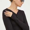 Womens Long Sleeve Henley Shirts for Women Button Ribbed Knit Shirt V Neck Tops Fit Slim Casual Basic Blouses (Black,M)