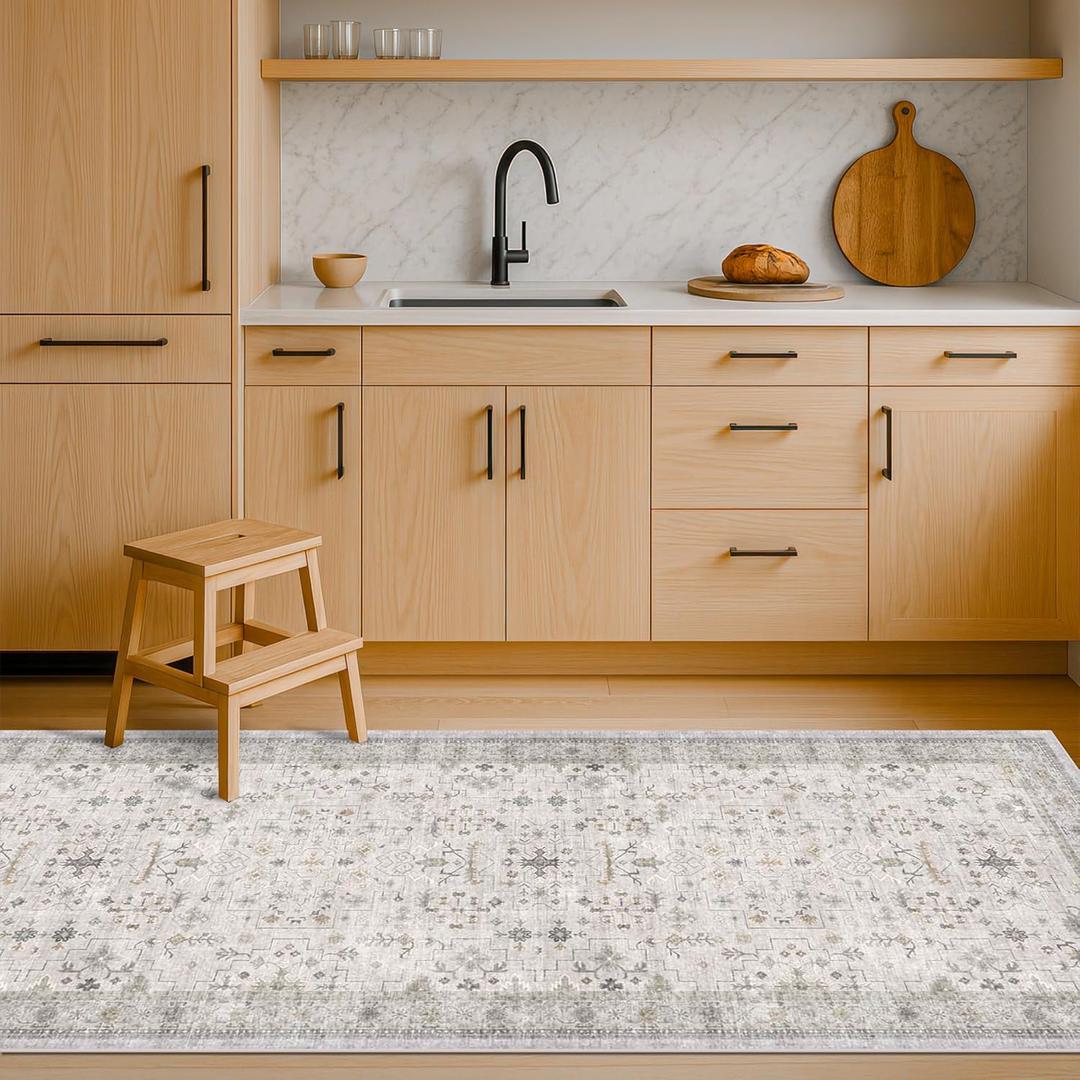 Light Gray Washable 2'6"x8' Wide Runner Rugs for Kitchen, Bathroom, Hallway, Non-Slip & Stain Resistant Long Floor Rug, Neutral Boho Floral Dcor