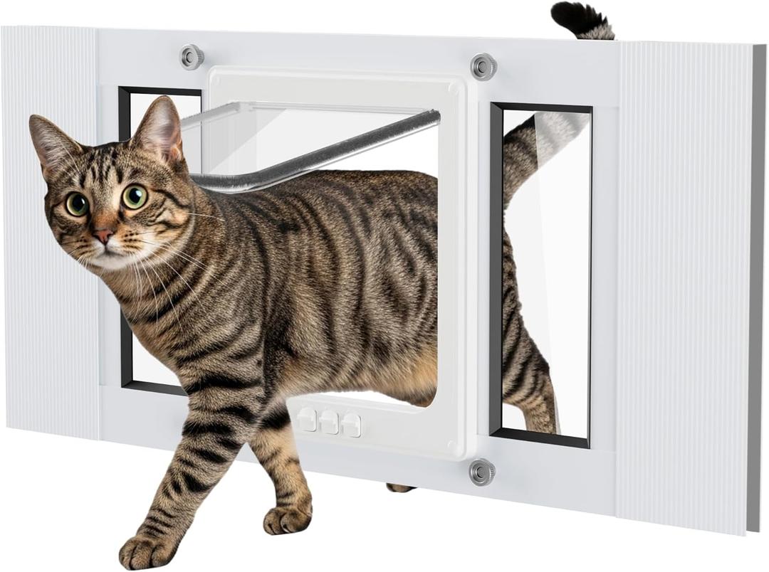 Cat Door for Window Weatherproof: Aluminum Frame Flap Pet Door Quick Fit Window Insert - Easy Adjustable to Fit Windows Width 15"-41" - 4 Secure Lock Modes with Magnetic Closure for Dog Cats