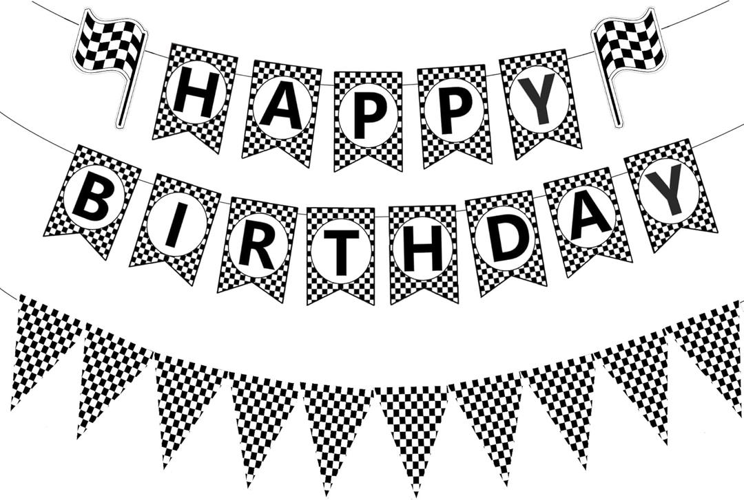 2 x Race Car Birthday Banner,Black and White Checkered Pennant Banner,Racing Car Themed Birthday Party Decor Supplies for Boys Men