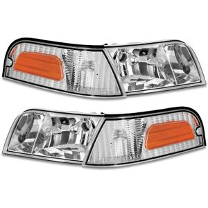 Headlights Assembly Fit For 1998-2011 Ford Crown Victoria w/Corner Headlamp 98-11 Crown Victoria Passenger and Driver Side (Chrome Housing Amber Reflector)