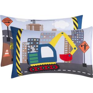 Everyday Kids 2-Pack Standard Size Pillowcases fit Pillows 20 x 26 -100% Soft Breathable Microfiber - Perfect for Toddler Little Boy Twin/Full Size Bed - Construction