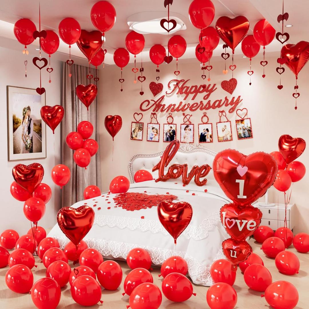 Happy Anniversary Decorations Set, Happy Anniversary Photo Banner, Love Balloon, Red Heart Balloons with Rose Petals, Romantic I Love You Balloons for Valentines Day, Anniversary,Wedding, Proposal