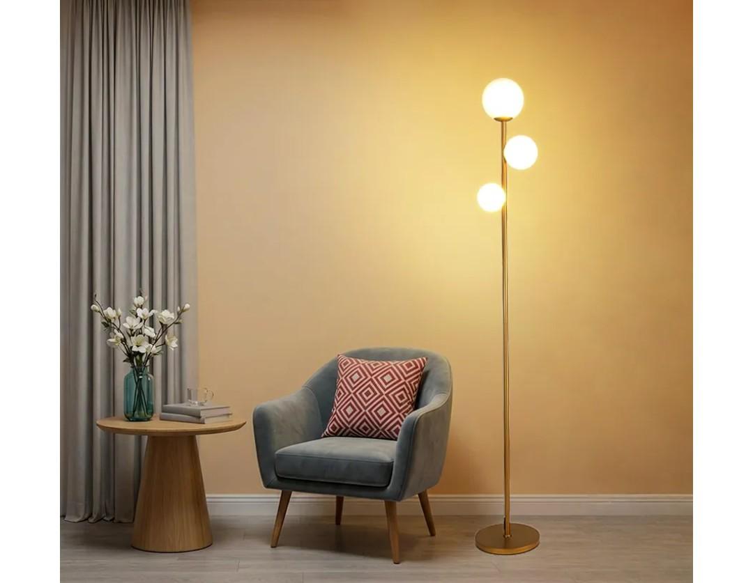 Fiqevs 3 Globe Mid Century Modern Floor Lamp for Living Room, Gold Floor Lamp with Frosted Glass Shade and LED Bulbs, Warm Light Standing Tall Pole Lamp for Bedrooms, Office - Antique Brass