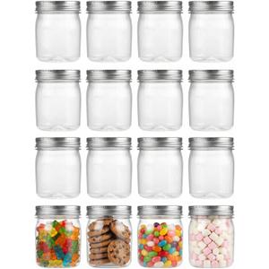 novelinks 8 oz Clear Plastic Mason Jars with Lids, 16 Pack Small Plastic Containers with Lids 8oz, Slime Containers with Lids & Spice Jars for Kitchen Organization (16 Pack,Silver)