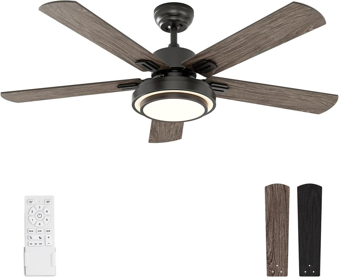 warmiplanet 52 Inch Ceiling Fan with Lights and Remote, Quiet DC Motor, Modern Flush Mount Indoor Ceiling Fan for Bedroom Living Room, 6 Speeds Reversible, Dimmable LED, Timer, Black