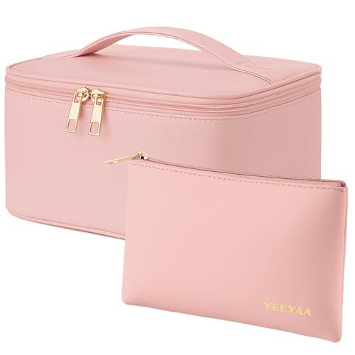 YEEYAA Travel Makeup Bag Toiletry Bag Waterproof Large Capacity Cosmetic Bags for Women Portable Make up Organizer Pouch With Divider Vegan Leather 2PCS Gifts for Mother Girls Pink