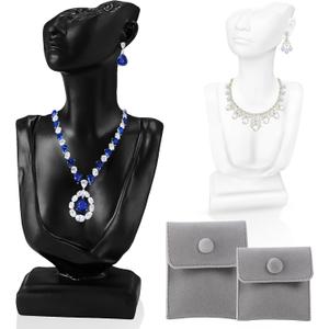 2Pcs Mannequin Jewelry Stand Set with Gray Bags, Jewelry, Pendants, Earrings, Chains and Necklace Display for Selling, Boutique Bust Holder, Details Show, Home Decor