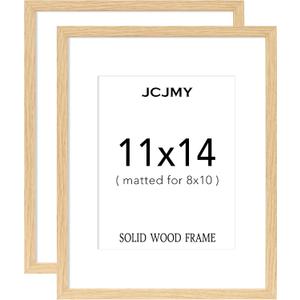 JCJMY 11x14 Picture Frame, Solid Wood Frame Set of 2, Display 8x10 with Mat or 11 x 14 without Mat, Wooden 11 by 14 Photo Frame with Shatter Resistant Plexiglass for Wall Hanging, 2 Pack, Natural