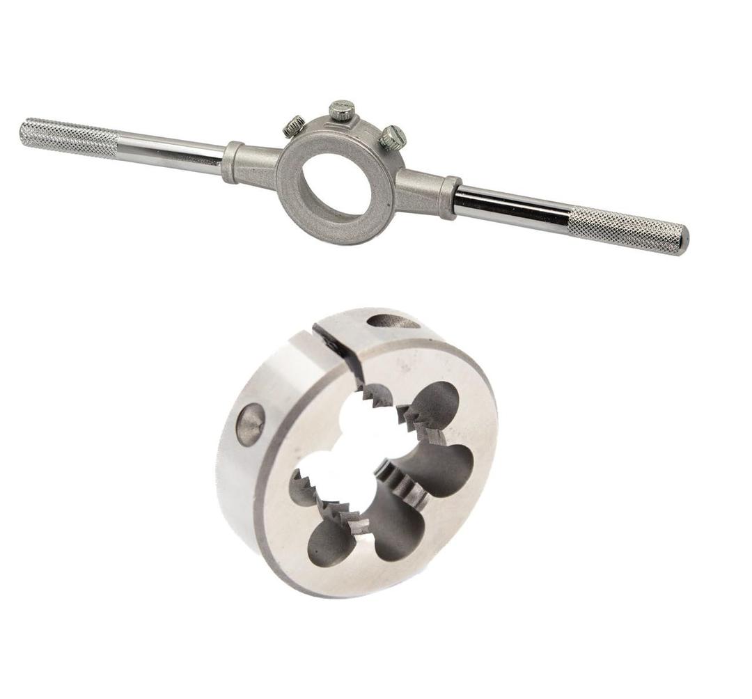 Drill America 3/8"-24 UNF X 1" OD HSS Round Adjustable Die with Matching Die Handle (Wrench), Die Stock