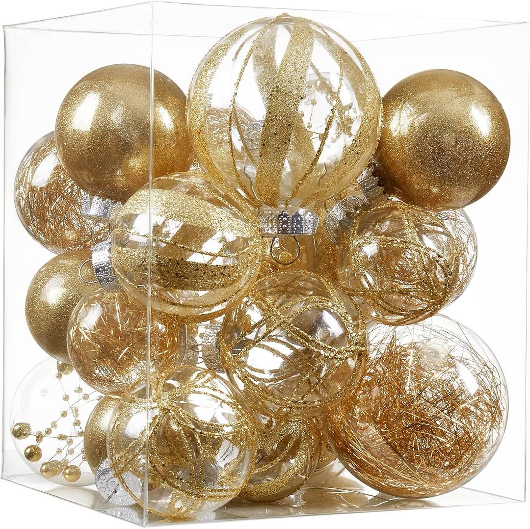 Clear Christmas Ball Ornaments,24ct Shatterproof Plastic Decorative Christmas Ornaments Hanging Xmas Tree Baubles Set with Stuffed Delicate Glittering Decorations for Holiday Party Home Decor (Gold) (Multi-Size/24-Pack)