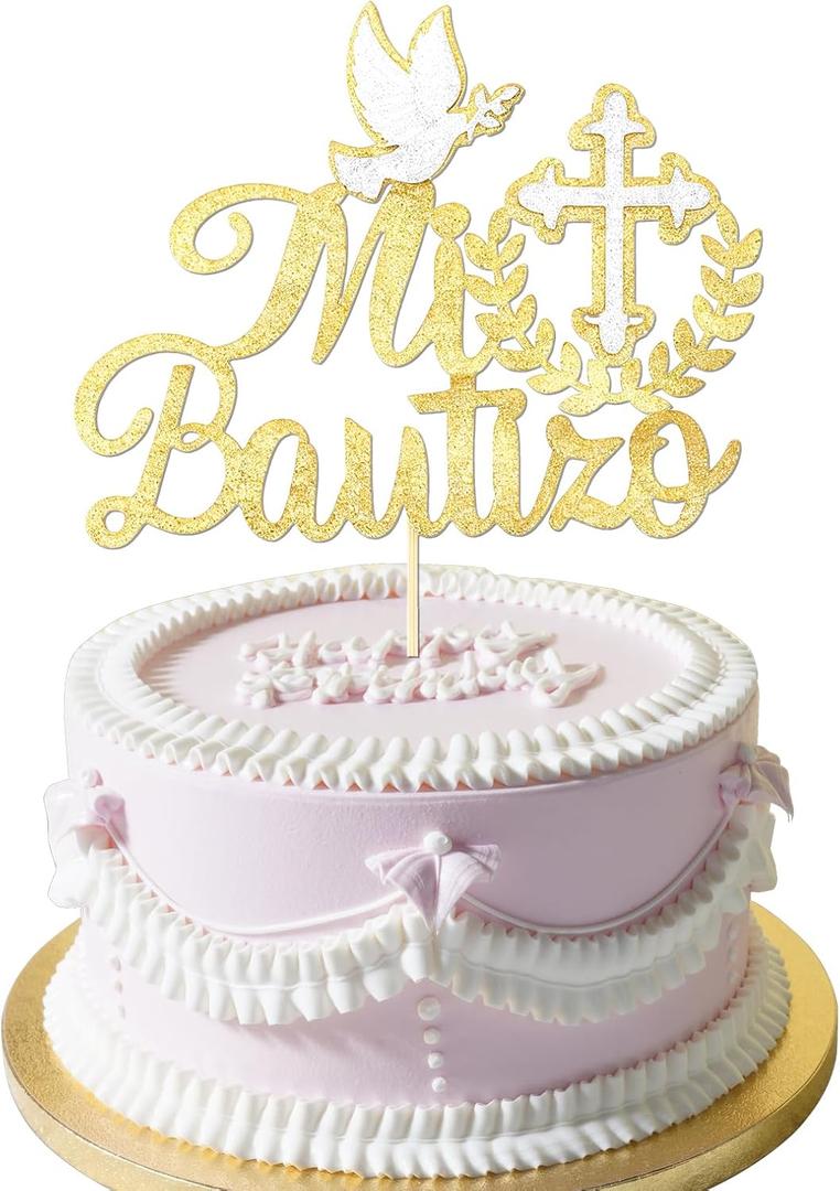 Spanish Mi Bautizo Cake Topper First Holy Communion Cakes Pick Glitter Bless Baptism Cake Decoration Golden Birthday Party Supplies Cross Dove Cakes Deco for Christening Shower Theme Gender Reveal
