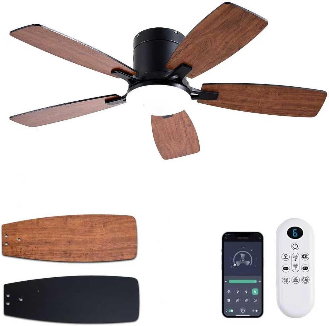 Ceiling Fans with Lights, 42 inch Low Profile Ceiling Fan with Light and Remote Control, Flush Mount, LED Dimmable DC Reversible Modern Ceiling Fan for Bedroom (Brown)