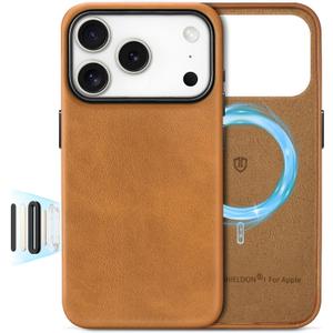SHIELDON Leather Case for iPhone 17 Pro 6.3" 2025 with [Camera Button Updated], Magnetic Wireless Charging, Slim Fit, Anti-Scratch Non-Slip, Shock-Absorbent, Protective Phone Cover - Retro Light Brown