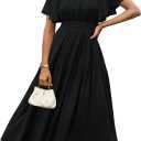 GRACE KARIN Women's Summer Short Sleeve Square Neck Smocked Waist Casual Vacation Tiered Flowy Maxi Dress (XX-Large, Black)