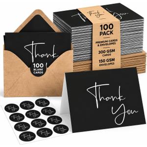 VNS Creations Thank You Cards With Envelopes -100 Pack 4 x 6 Blank - Black
Thick 300 GSM, Thank You Notes Bulk Box Set & Stickers, Large Note Card Small Business, Wedding, Baby Shower & Bridal Shower