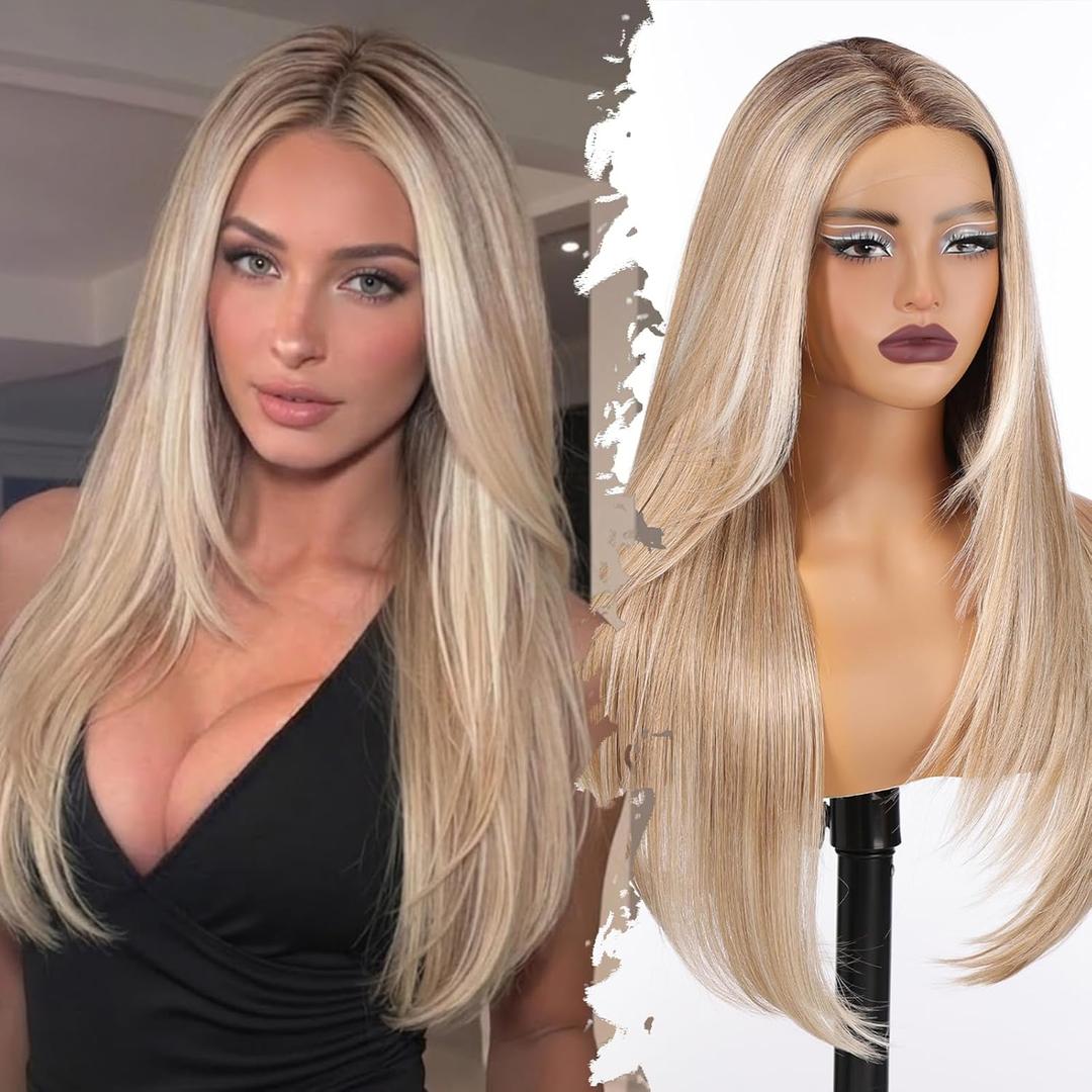 Dirty Blonde Synthetic Lace Front Wig,T Part Pre Cut Glueless Straight Layered Wigs for Women Cosplay Daily Use 26IN(#TT6/1603)