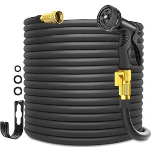 Garden Hose 100ft Lightweight No-Kink Water Hose Flexible Hose with 3/4'' Brass Fittings and 10 Functions Spray Nozzle, Leakproof, for Yard, Garden, Lawn & Car Wash, Black