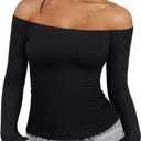 REORIA Womens Long Sleeve Off The Shoulder Tops Going Out Cute Basic Y2K Fall Fashion 2025 Outfits Clothes (Medium, Black)