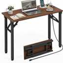 XBurmo Small Folding Desk Folding Table, No Assembly Foldable Desk Gaming Desk, 35.8-Inch Computer Table Workstation with 2 AC Outlets and 2 USB Ports for Bedroom and Home Office, Dark Walnut, 35.8 x 15.7 Inch