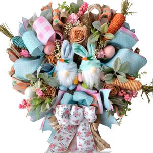 16 Inch Egolot Easter Mesh Deco Bunny Wreath with Eggs and Carrots for Front Door, Spring Pink and Blue Ribbon Easter Wreath for Spring, Rustic and Farmhouse Ribbon for Home Decor