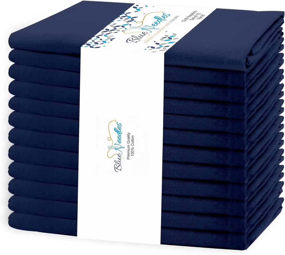 Blue Needles Solid Cloth Napkins Set of 12 Navy Blue 100% Cotton Dinner Napkins 18x18 inches - Soft, Reusable, Absorbent & Washable Linen, Ideal for Spring Summer Easter Events Parties & Everyday Use