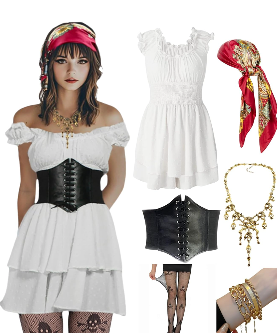Pirate Costume Women Sexy Womens Pirate Romper Dress Outfit with Bandana Corset Accessories 6PCS, S Size