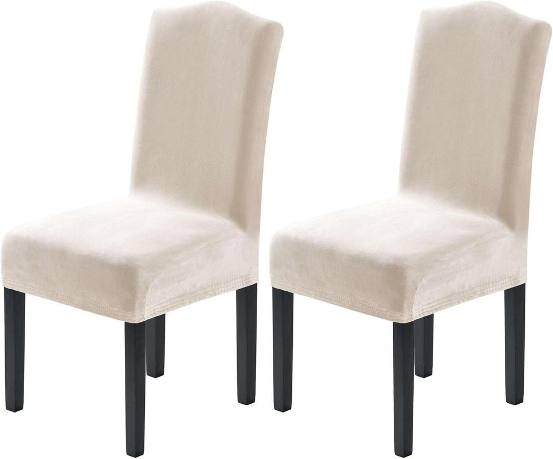 H.VERSAILTEX Dining Chair Covers Velvet Stretch Chair Covers for Dining Room Set of 2 Parson Chair Slipcovers Chair Protectors Covers Dining, Soft Thick Solid Velvet Fabric Washable, Ivory