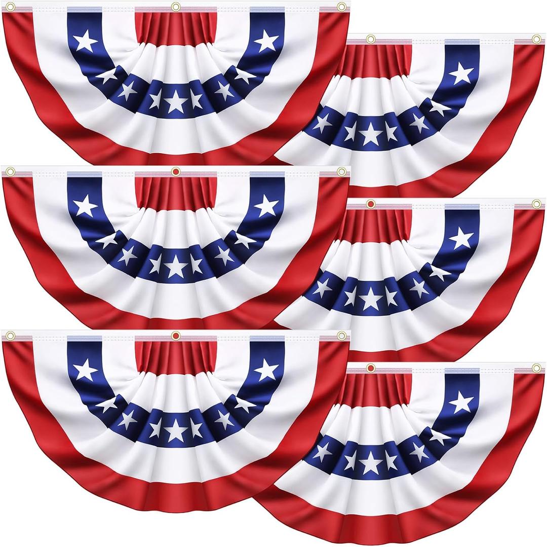6 Pack 3x6 Ft American Flag Bunting Patriotic Pleated Fan Flag Banner for Outdoor Porch & Railing, Red White & Blue Decor for 4th of July, Memorial Day, Independence Day Decorations