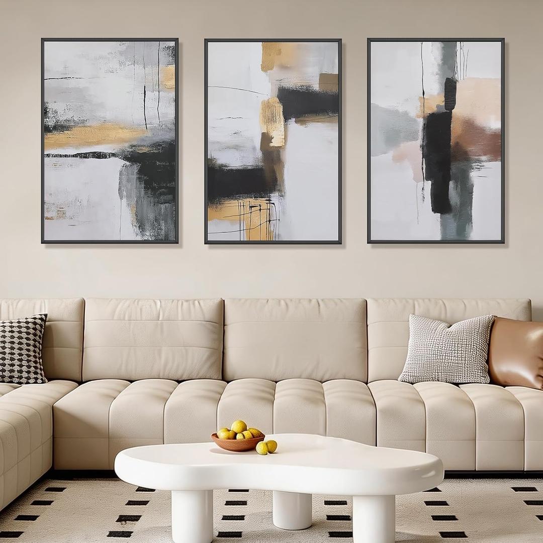 Large Neutral Abstract Wall Art Set of 3 Framed Canvas Prints, 24x36 Inch Modern Beige Black Abstract Paintings with Gold Accents, Minimalist Wall Decor for Living Room Bedroom Dining Room, Metal Frame Ready to Hang