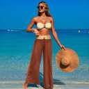 3 Piece Swimsuits for Women Tummy Control Bikini Set with Beach Cover Up Mesh Pants Sexy Tube Tops Swimwear (Brown, S)