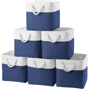 Cube Storage Bins, Collapsible Fabric Storage Cubes Bins, 11 Inch Cube Storage Bins with Handles, Foldable Storage Cubes (White/Navy, 6Pack)
