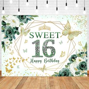 InMemory Sweet 16 Birthday Backdrop Floral Green Roses Glitter Gold Butterfly Princess Girls Sixteen 16th Birthday Theme Party Decoration Banner Bday Cake Table Background 8x6ft
