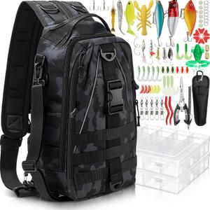 85 Pcs Fishing Backpack with Tackle Boxes, Tackle Sling Bag with Rod Holder, Fishing Lures Kit and Pliers Set for Men Women (Incognito Camouflage)