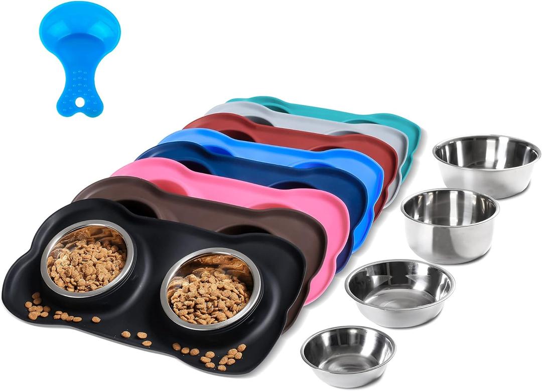 Hubulk Pet Dog Bowls 2 Stainless Steel Dog Bowl with No Spill Non-Skid Silicone Mat + Pet Food Scoop Water and Food Feeder Bowls for Feeding Dogs Cats Puppies (M, Black)
