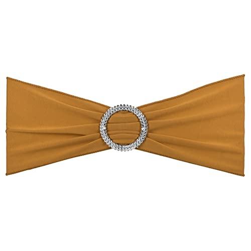 PATIKIL 13" x 5" Stretch Chair Sashes Bows, 7 Pack Elastic Chair Bands Sashes with Buckle Slider for Wedding Banquet Decorations, Gold Tone