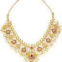 Aheli Beautiful Wedding Wear Indian Laxmi Goddess Faux Stone Studded Floral Design Crafted Necklace Earrings Set Ethnic Fashion Jewelry Gift for Women