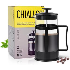Chiallco Mini French Press Coffee Maker, Heat Resistant Thickened Borosilicate Classic Glass Stainless Steel Coffee Press, 12OZ Heat Cold Brew Coffee Pot Tea Press for Kitchen Travel CampingBlack