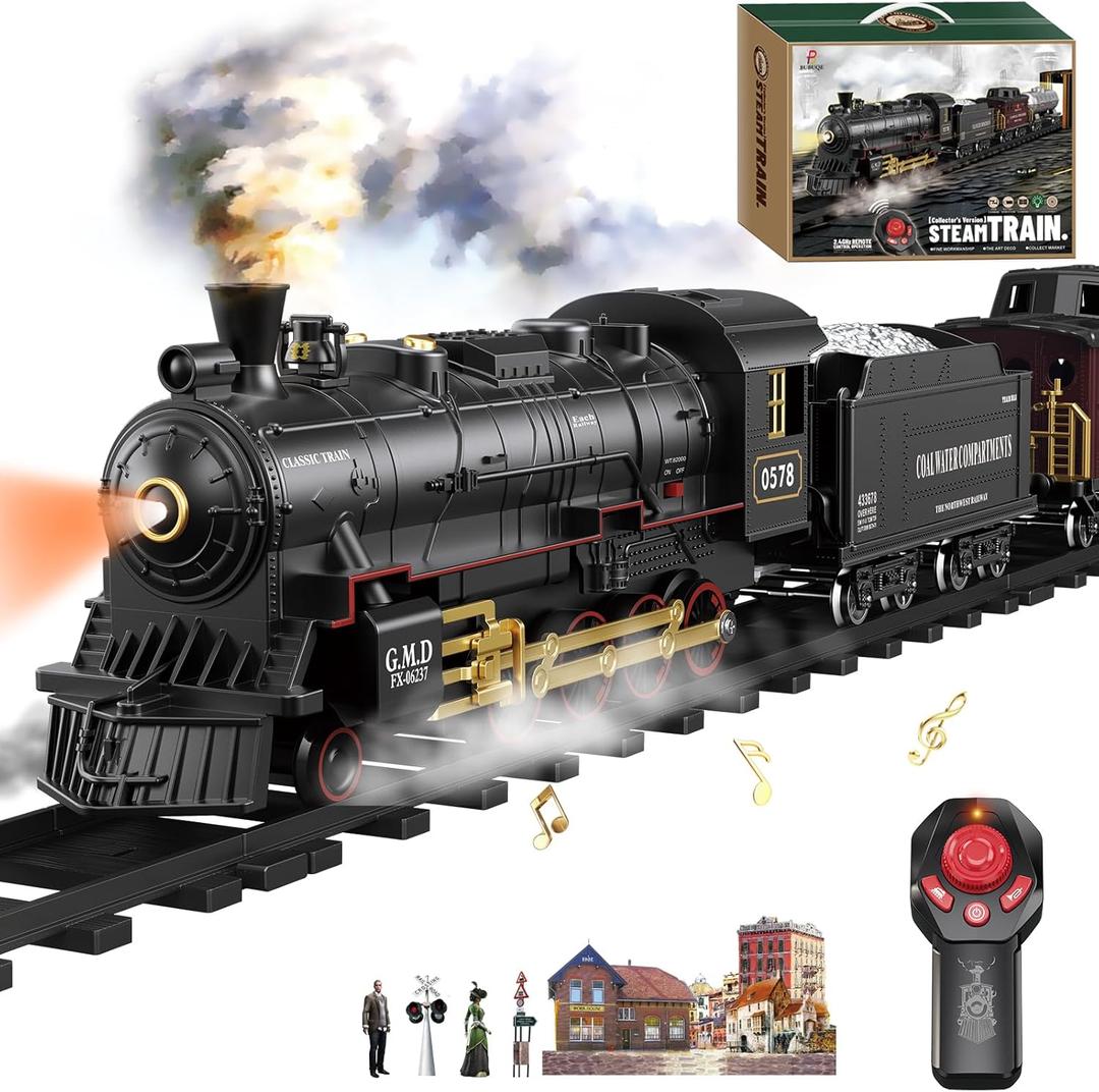 Electric Remote Control Train Set Christmas Trains Steam Locomotive, Cargo Car & Tracks, Rechargeable Train Toys for Kids w/3 Smoke,Whistle & Lights, Christmas Birthday Gift for Boys Girls 3 4 5 6 7
