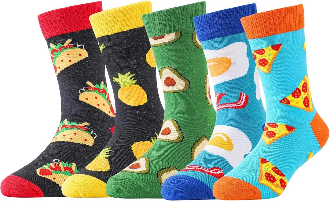 BONANGEL Boys Socks 5-8 Years Old, 5 Pairs Fun Novelty Animal Food Space Crazy Funny Cute Kids Socks 8-10 10-12 Years