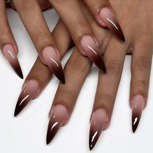 Brown Press on Nails Long Almond Fake Nails Stiletto Nails Press ons French False Nails with Glossy Stick on Nails Fall Acrylic Nails Full Cover Brown Gradient Artificial Nails for Women Girls48 Pcs