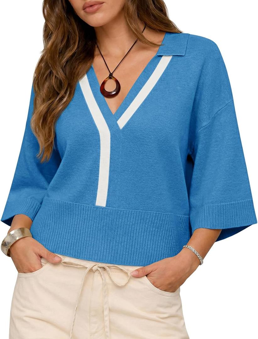 Saodimallsu Womens Short Sleeve Sweater Tops V Neck Collared Oversized Color Block Casual Summer Knit Polo Shirts (Blue, M)