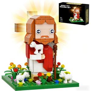 Jesus Building Set with Light - Jesus, Light-Up Cross, Sheep, Flower Clusters - Inspirational Christian Blocks Compatible with Lego, Easter Christian Birthday Gift for Kids Adults (324PCS)
