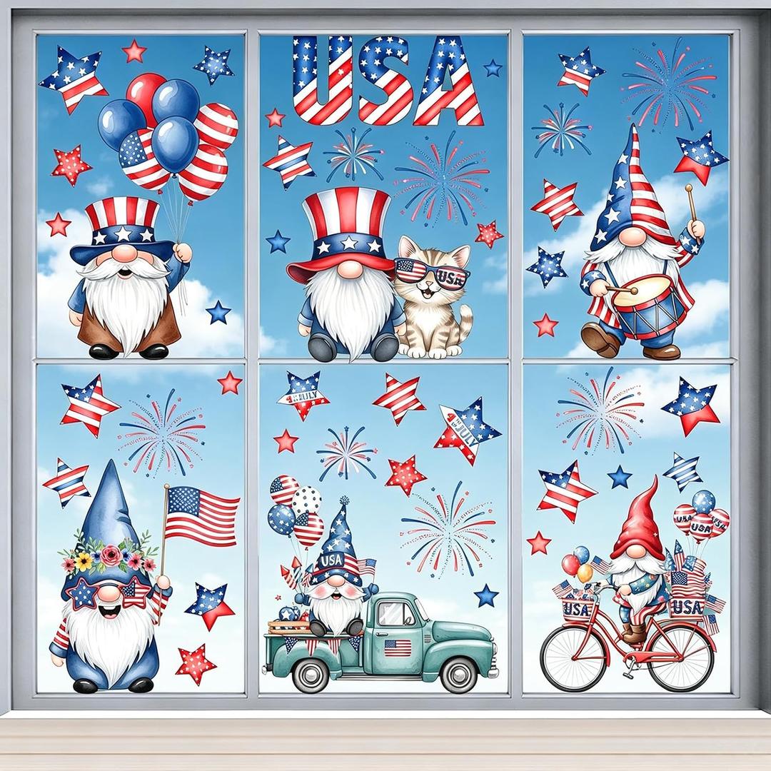 9 Sheets Patriotic Gnome 4th of July Window Clings, Hianjoo 97 Pcs Red White Blue Static Decals with Stars, Independence Day Memorial Day Home Glass Party Decorations