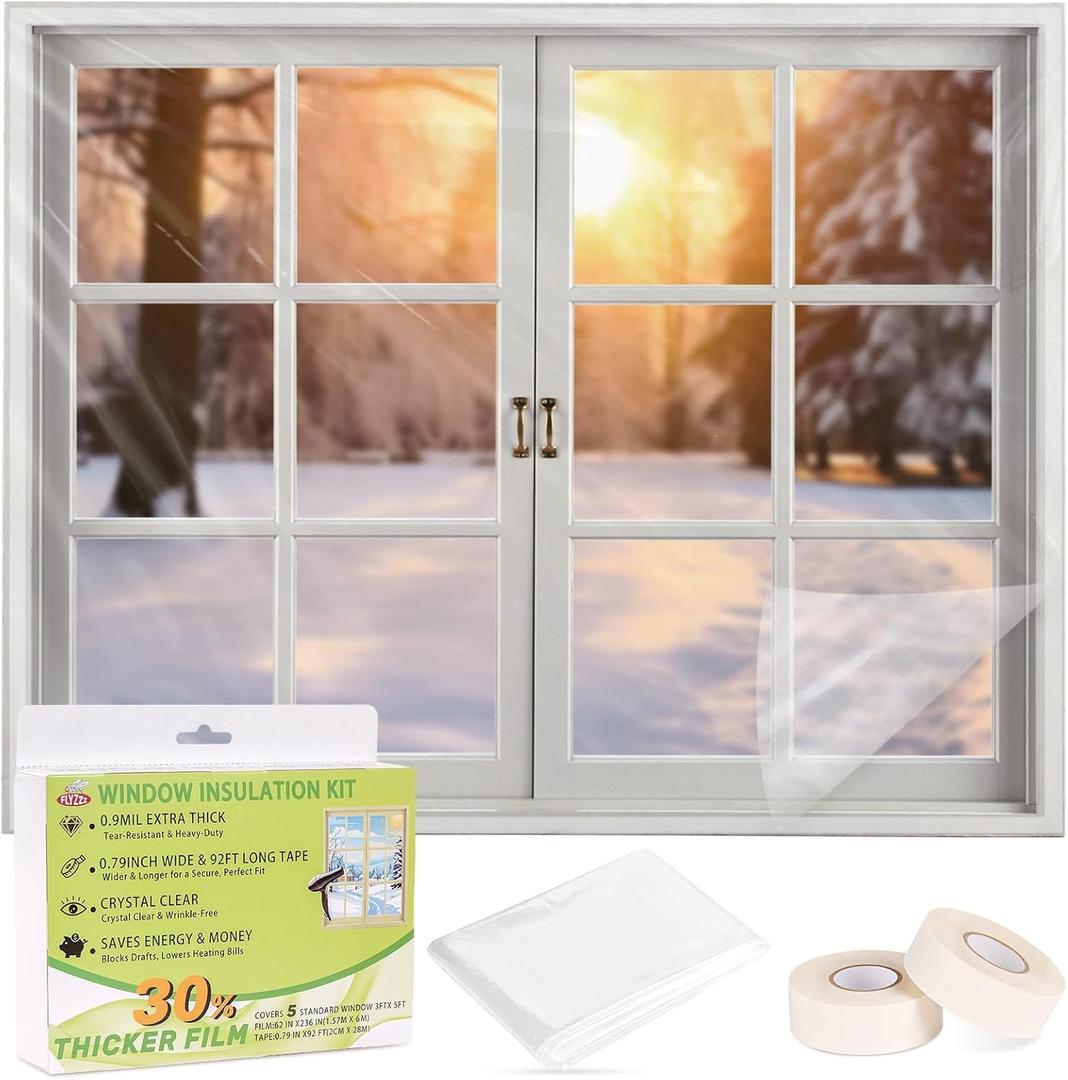 FLYZZZ Window Insulation Kit, Window Insulation for Winter (0.9 Mil) Winter Shrink Film, Indoor Plastic Window Covering for Winter with Wide Tape, Insulates 5 Standard (3'x5') Windows